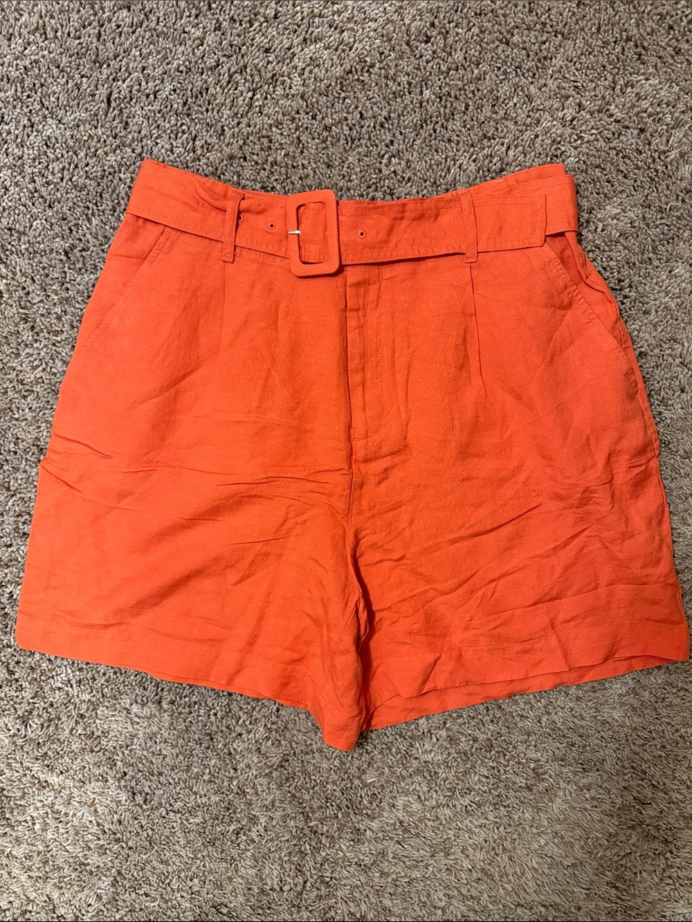A New Day Orange Linen High Waisted Belted Shorts